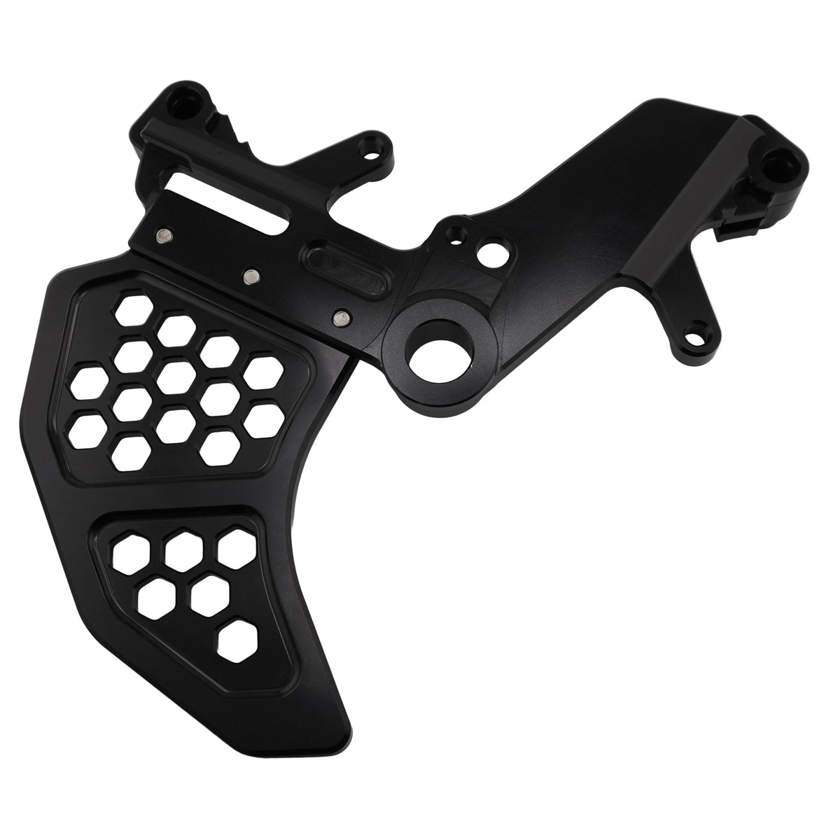 Black CNC dual rear caliper bracket for Sur-Ron Ultra Bee with built-in rotor guard, close-up