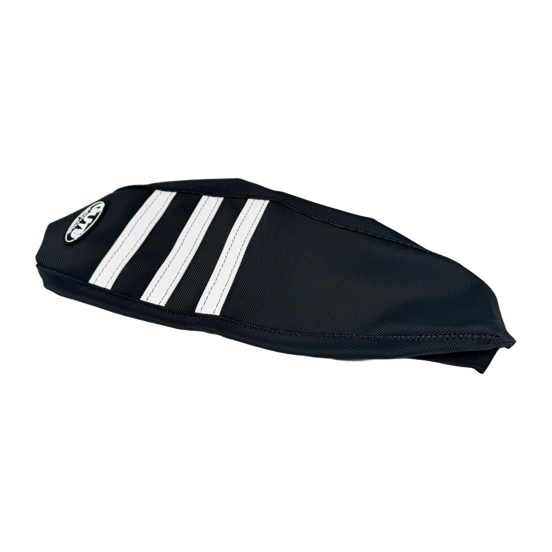Guts Racing gripper seat cover, black with white ribs, top view