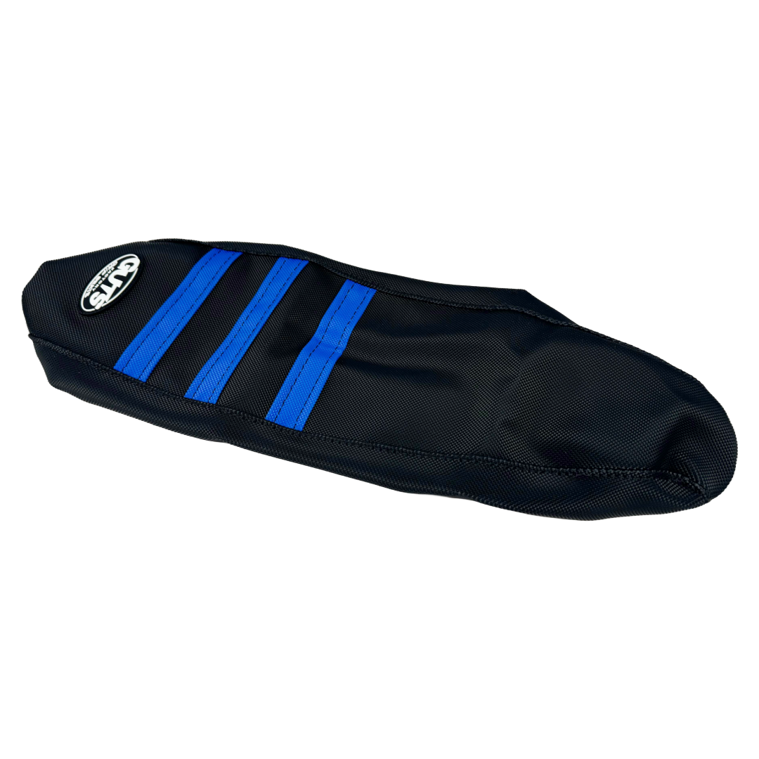 Guts Racing gripper seat cover, black with blue ribs, top view