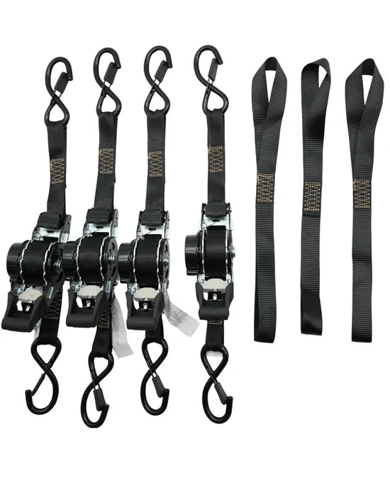 Pinned Electric retractable ratchet tie-down straps with S-hooks for electric dirt bikes