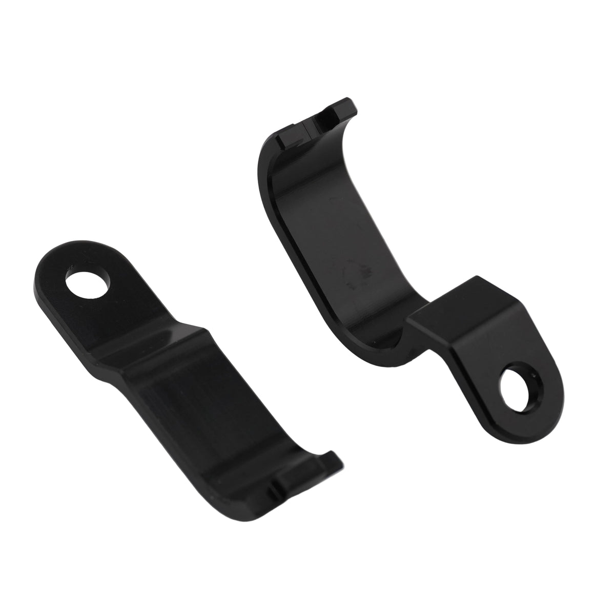 Two halves of the black CNC front brake line guide for Sur-Ron Ultra Bee, shown apart
