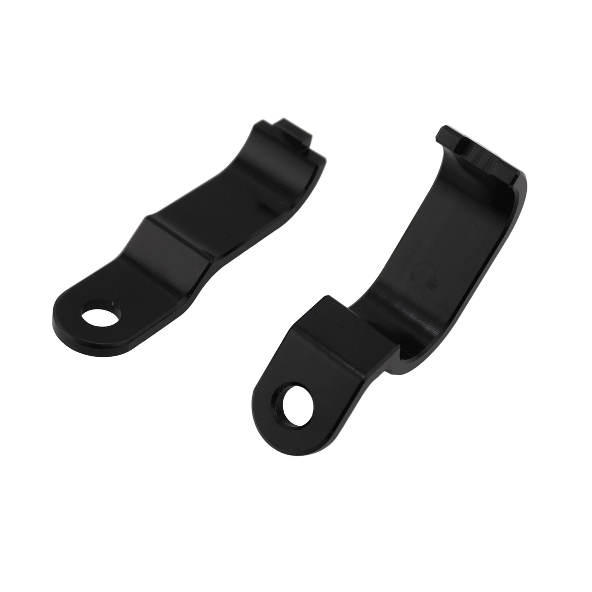 Both halves of the black CNC front brake line guide for Sur-Ron Ultra Bee, alternate angle