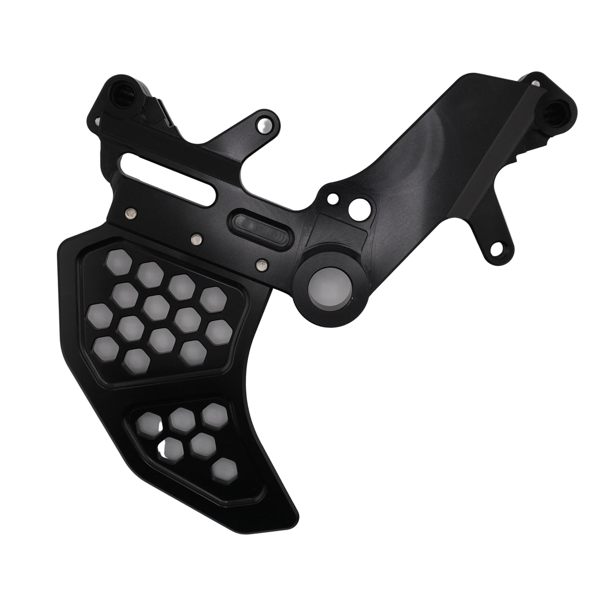 Black Ultra Bee dual rear caliper bracket with vented rotor guard, angled view