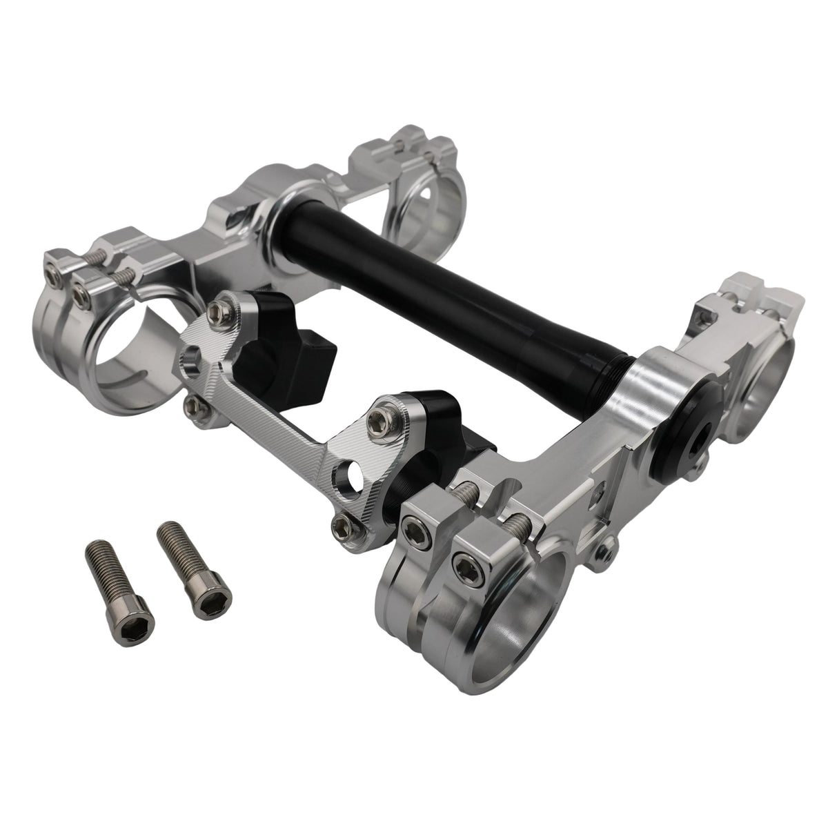 Silver CNC triple clamps for Sur-Ron Ultra Bee, front angle view with bar clamp mount