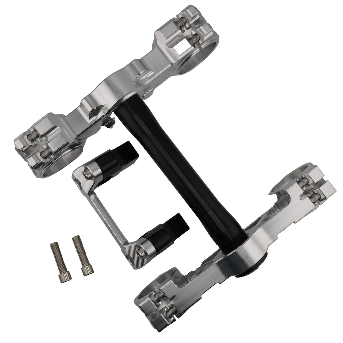 Silver CNC triple clamps for Sur-Ron Ultra Bee, top-down view of the upper clamp and bar mount
