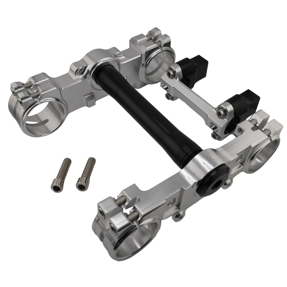 Silver CNC triple clamps for Sur-Ron Ultra Bee, side angle showing the steering stem and lower clamp