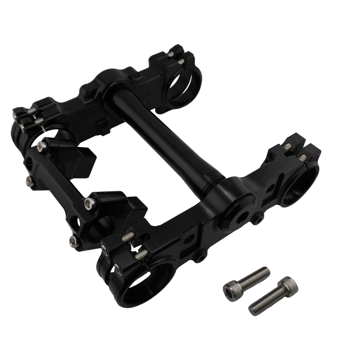 Black CNC billet triple clamps for Sur-Ron Ultra Bee with steering stem, bar clamp mount and bolts
