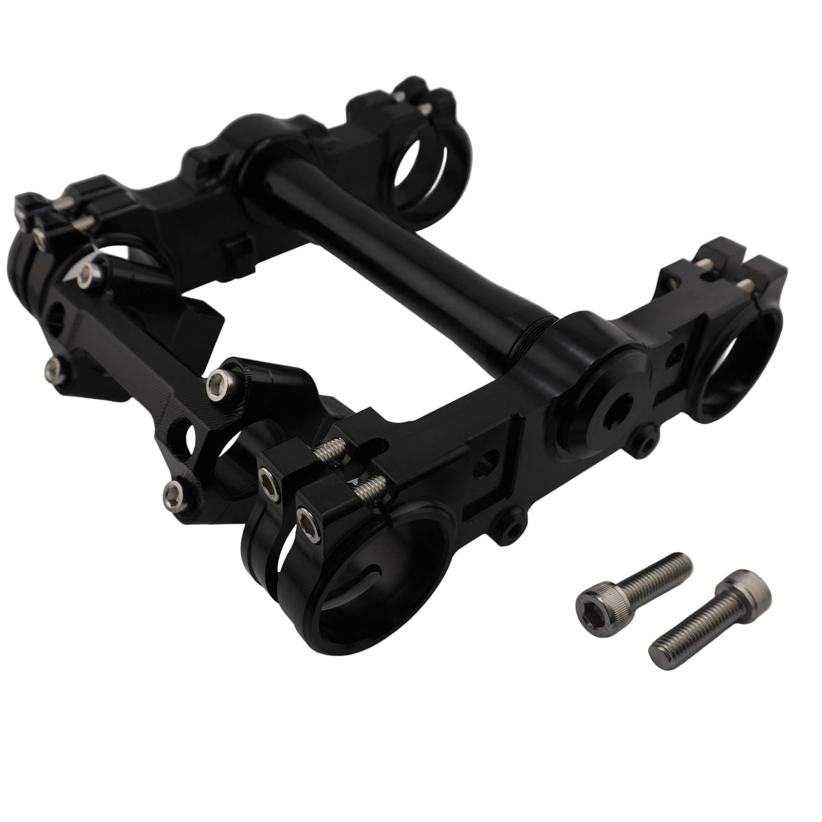 Black CNC triple clamps for Sur-Ron Ultra Bee, angled view with steering stem and bolts