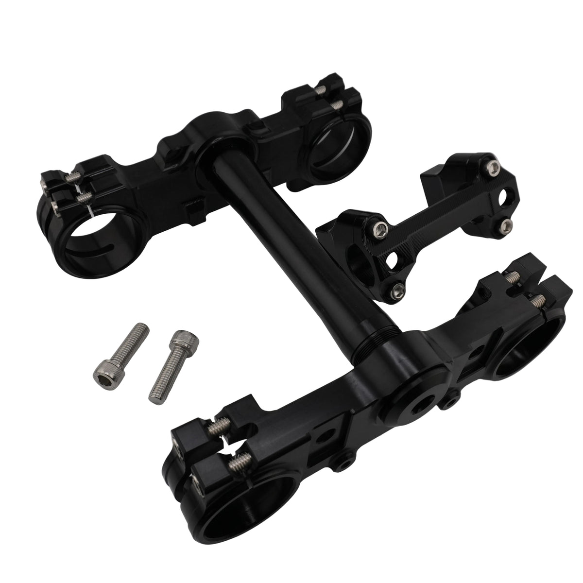 Black CNC triple clamps for Sur-Ron Ultra Bee, side view showing the upper clamp, bar mount and lower clamp