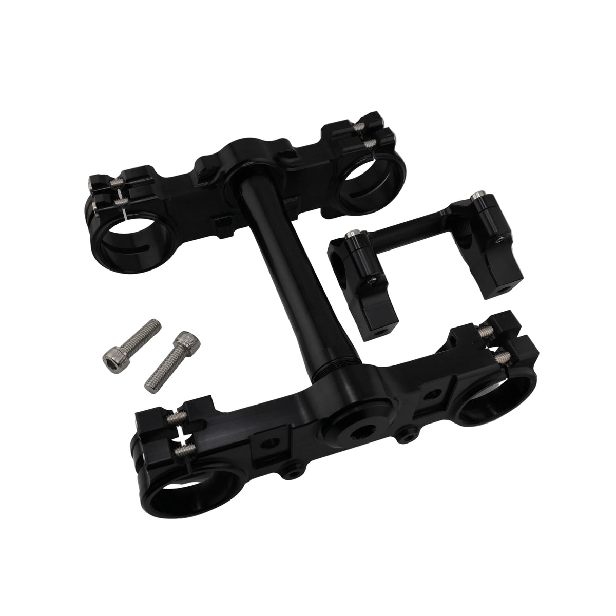 Black CNC triple clamps for Sur-Ron Ultra Bee with the bar clamp mount removed, showing all parts