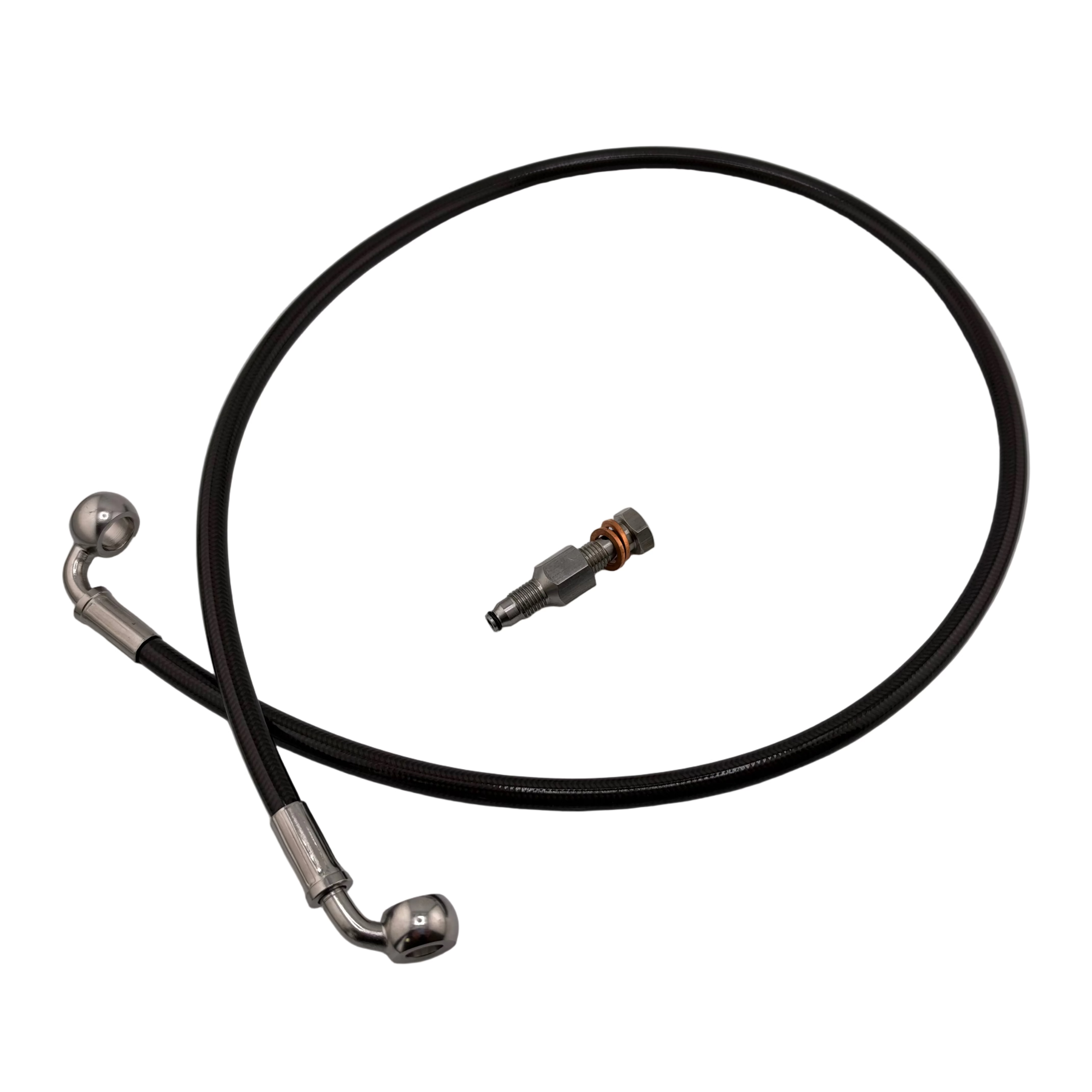 EBike Garage Formula e-moto foot brake line, 30in black braided hose with right-angle banjo ends and M8-to-Formula valve extension adapter