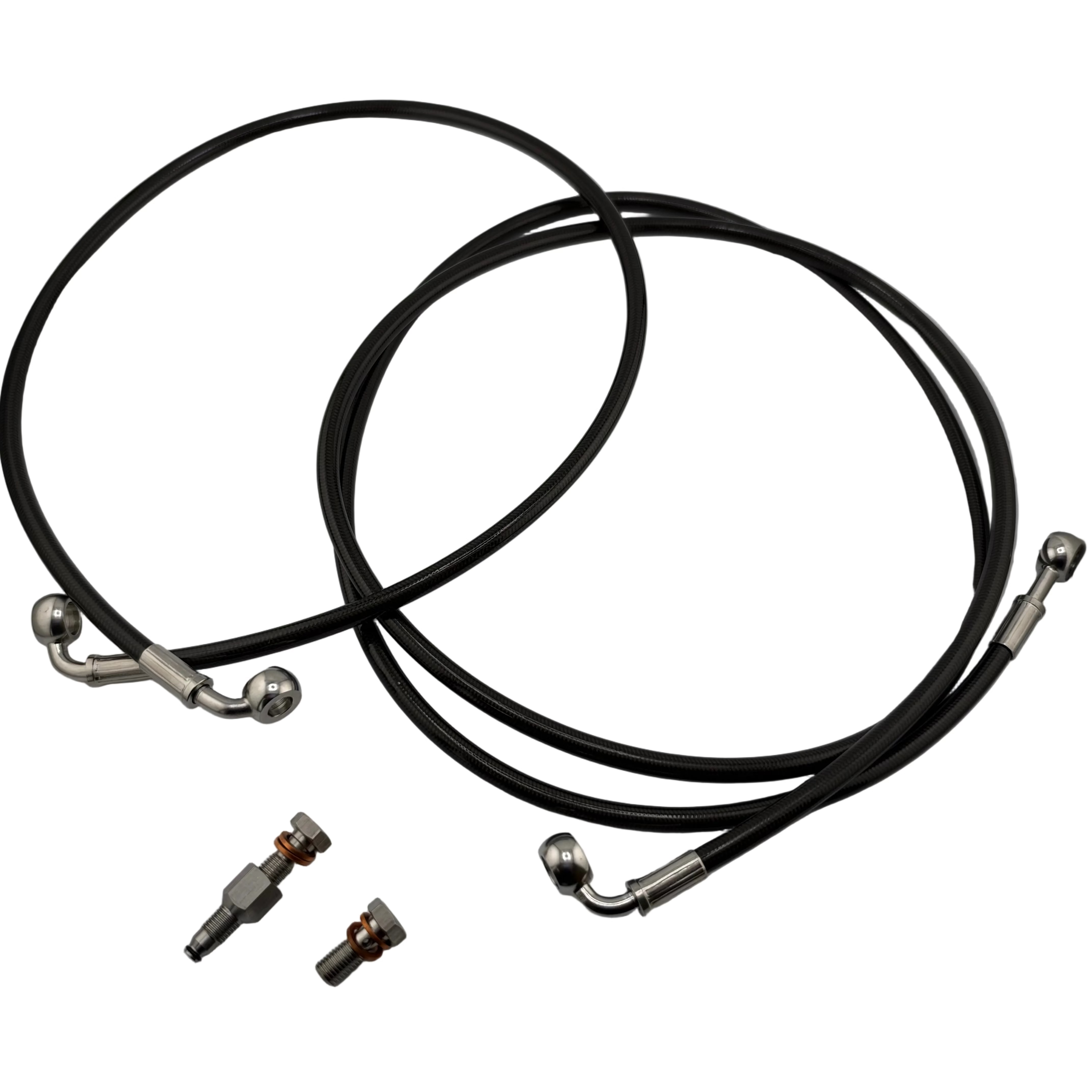 EBike Garage Formula e-moto foot and handbrake 2-piece black braided brake line set with M8-to-Formula valve extension adapter and longer M8 banjo bolt