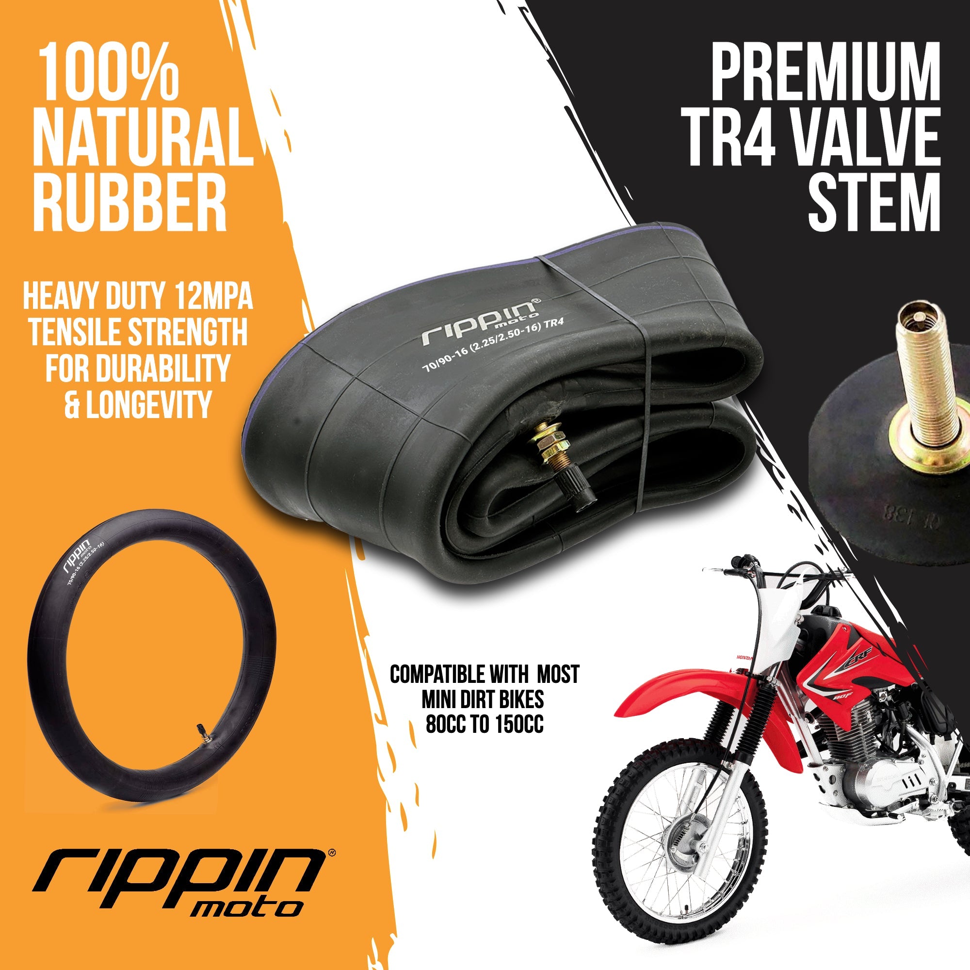Rippin Moto 70/90-16 (2.25/2.5-16) Heavy Duty 16" Inner Tube 3mm Thick