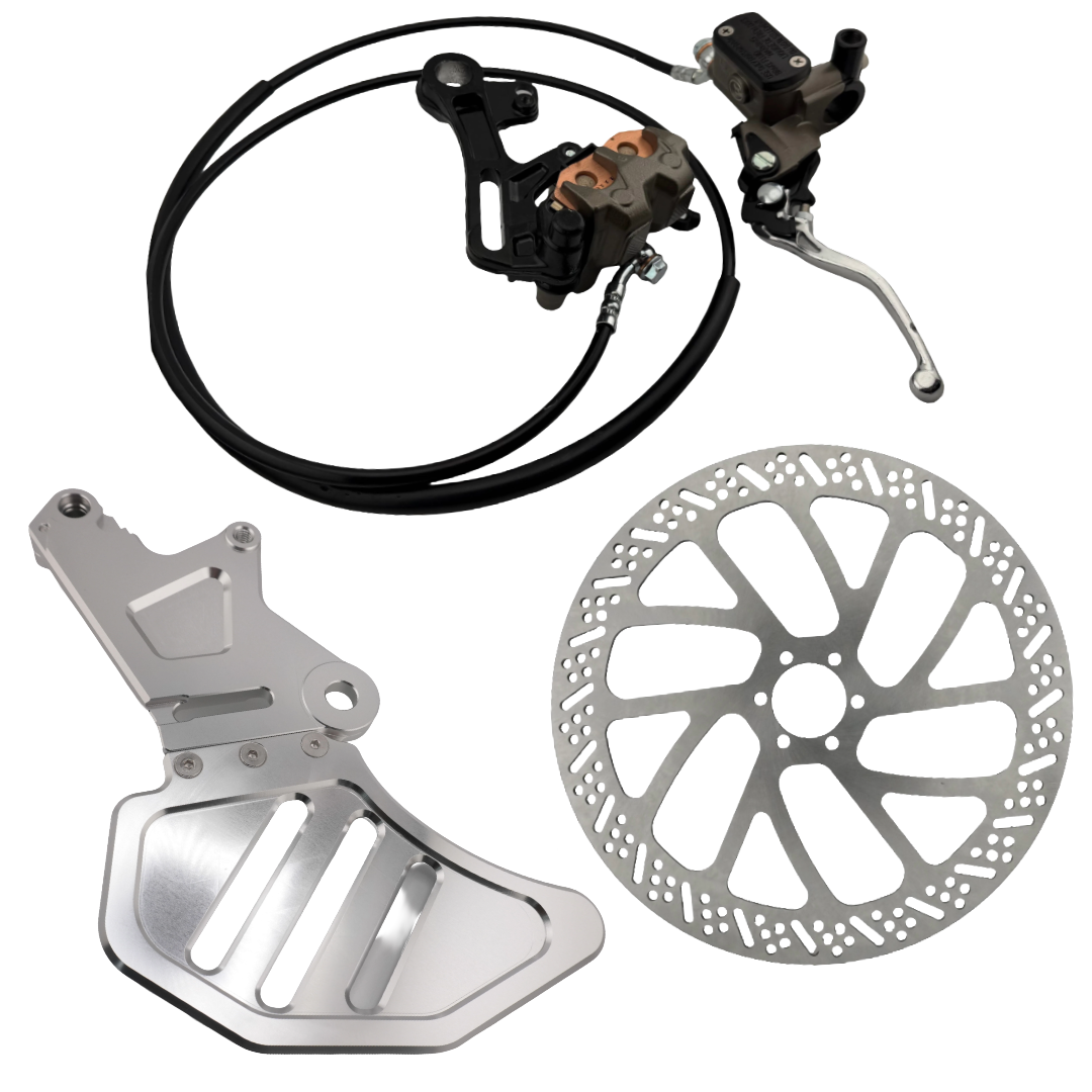 TB Electric rear Moto brake kit for Surron Light Bee and E-Ride Pro with silver caliper bracket, 240mm rotor and Ultra Bee rear brake