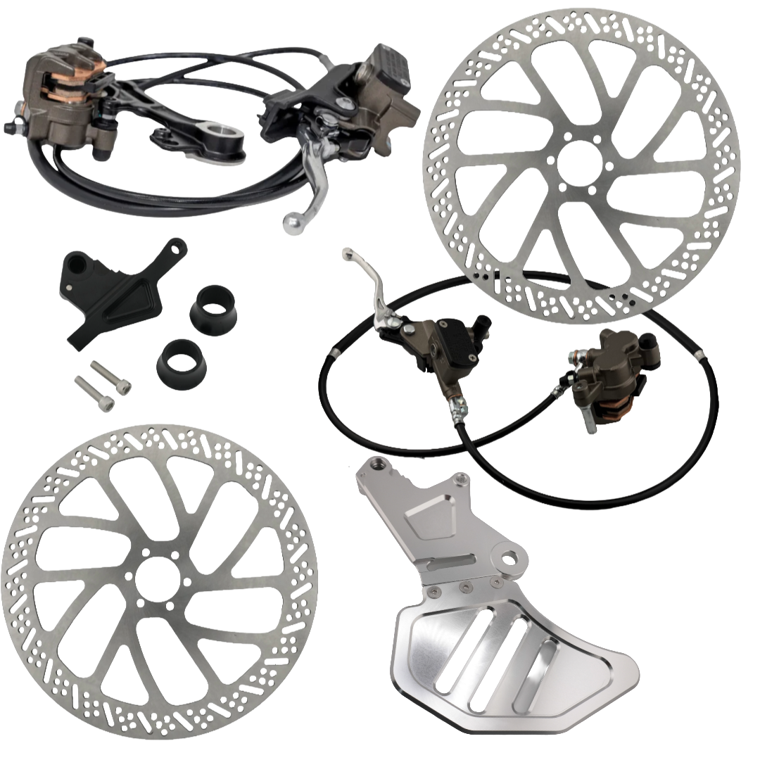 TB Electric full Moto brake kit for Surron Light Bee and E-Ride Pro with silver rear bracket, two rotors and front and rear Ultra Bee brakes