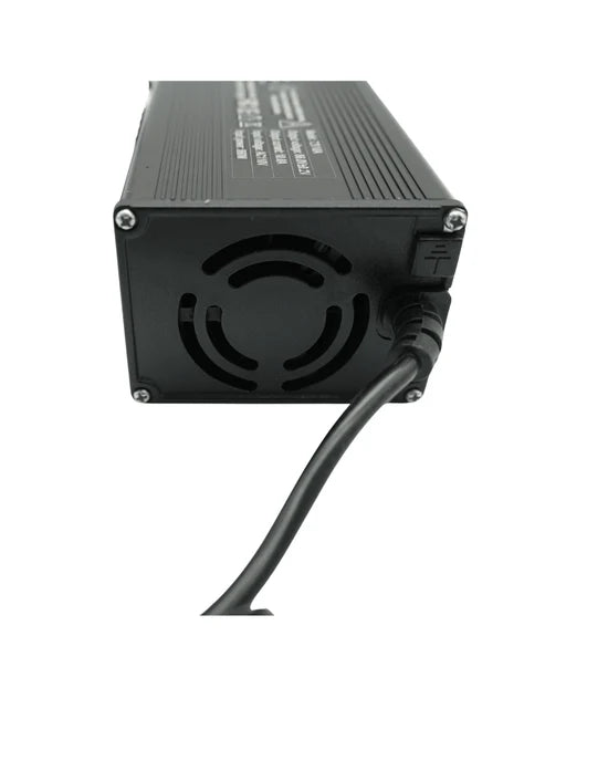 End view of the black Arctic Leopard 10 amp charger showing the cooling fan