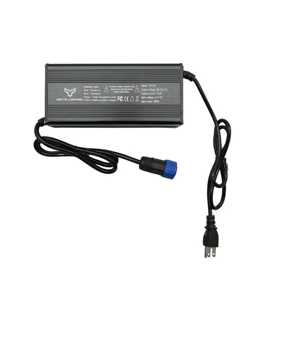 Top view of the Arctic Leopard 10 amp charger with spec label, AC cord and charging connector