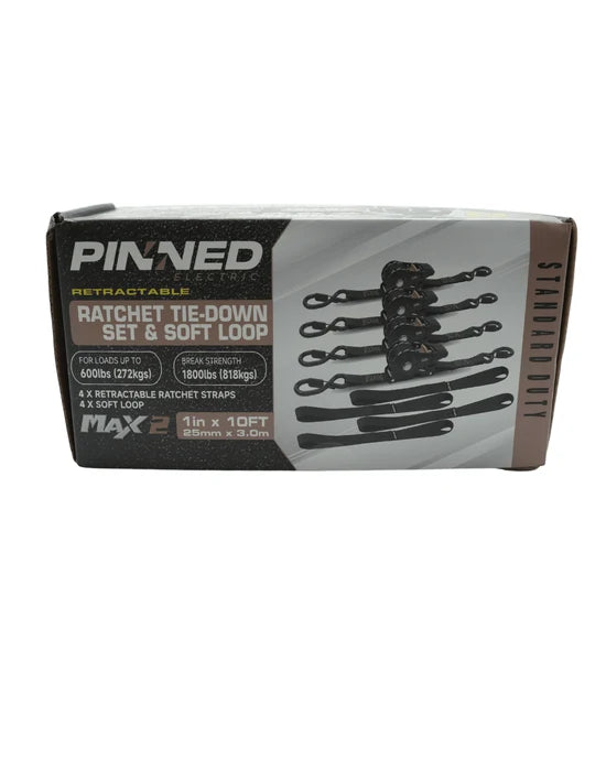 Pinned Electric ratchet tie-down set retail packaging, front