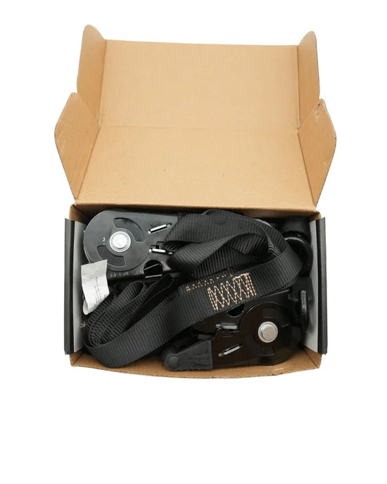 Open box of Pinned Electric retractable ratchet tie-downs and soft loops